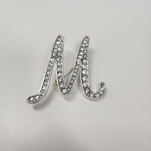 Silver-Tone Cursive Letter "M Or W" Initial Brooch Rhinestone Monogram Lapel Pin